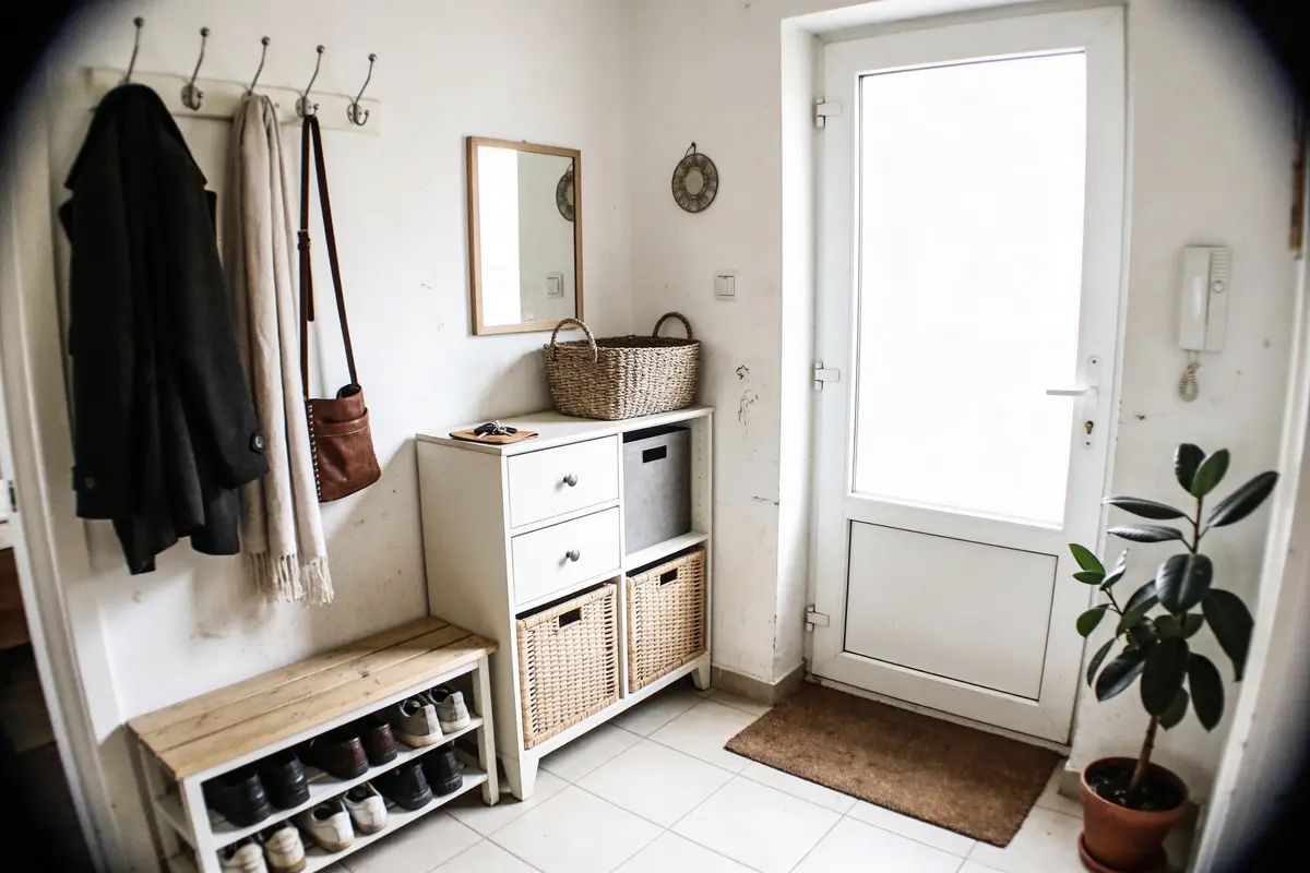 Entrée lumineuse avec porte blanche, meuble à chaussures, patère, miroir, tapis, plante et panier en osier.