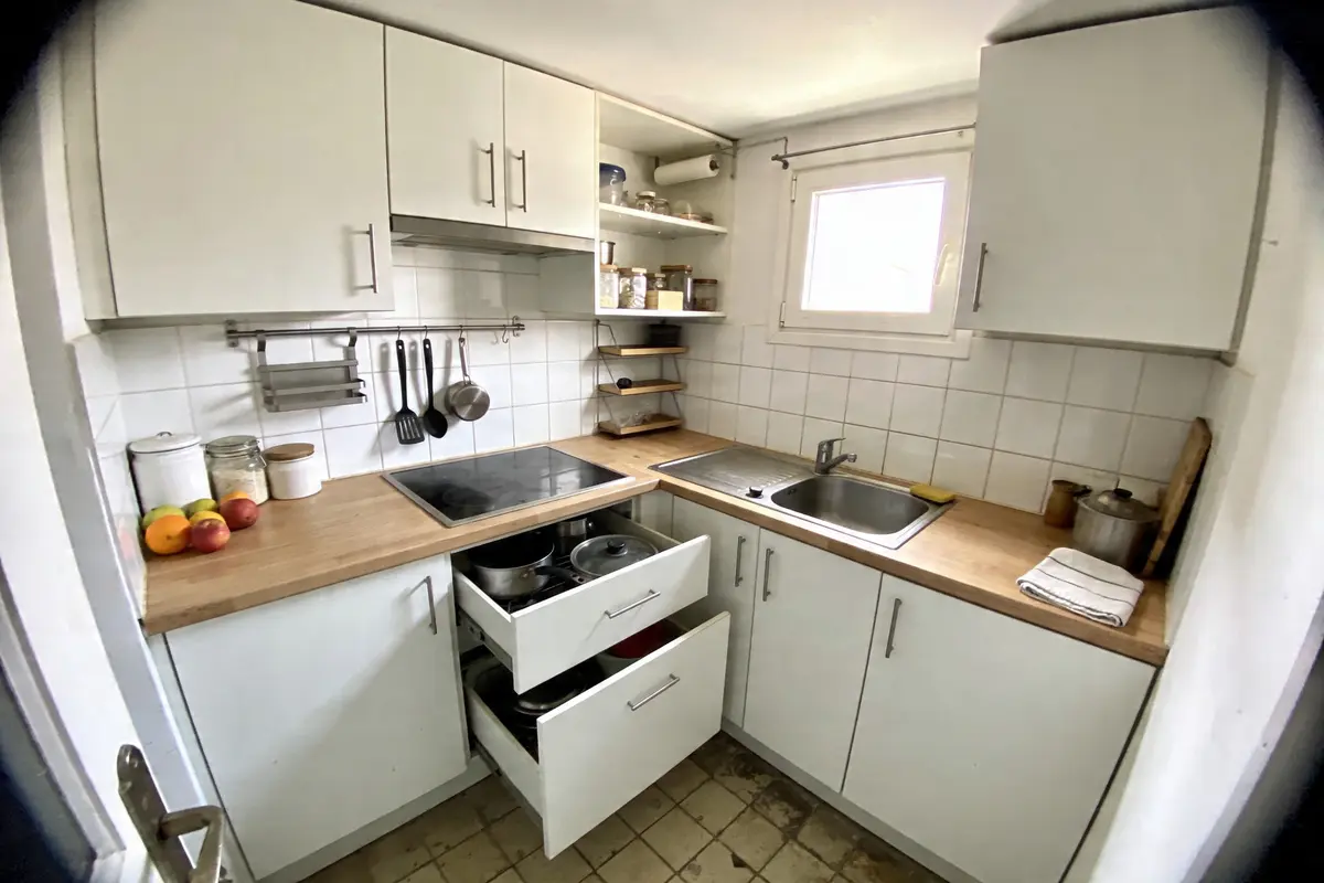 Petite cuisine avec meubles blancs, évier, cuisinière, ustensiles suspendus, fenêtre, et tiroirs ouverts.