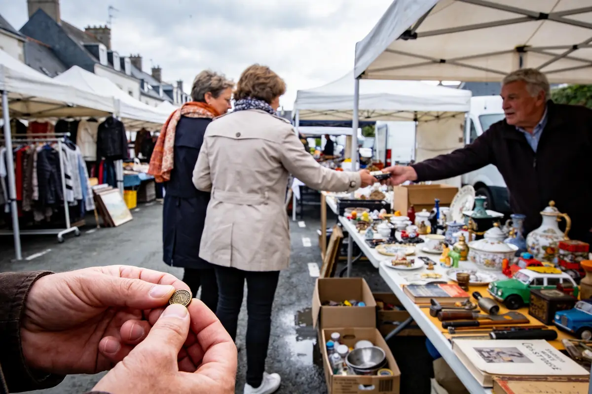 Personnes échangeant de l'argent sur un stand de marché aux puces en extérieur, avec divers objets exposés.