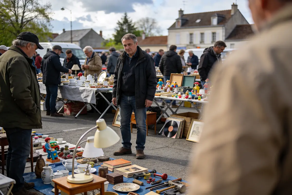 Personnes regardant des articles variés sur des tables dans un marché aux puces extérieur, bâtiments en arrière-plan.