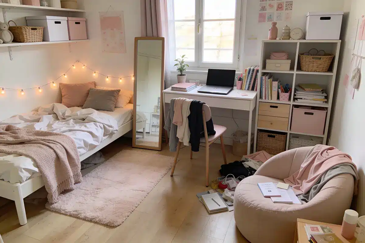 Chambre cosy avec lit, bureau, ordinateur portable, étagères, fauteuil et guirlande lumineuse. Décoration douce et pastel.
