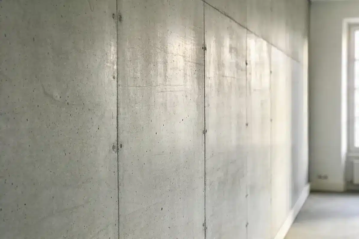 Mur en béton lisse, intérieur lumineux, avec légers reflets et ombres, muni de vis apparentes.
