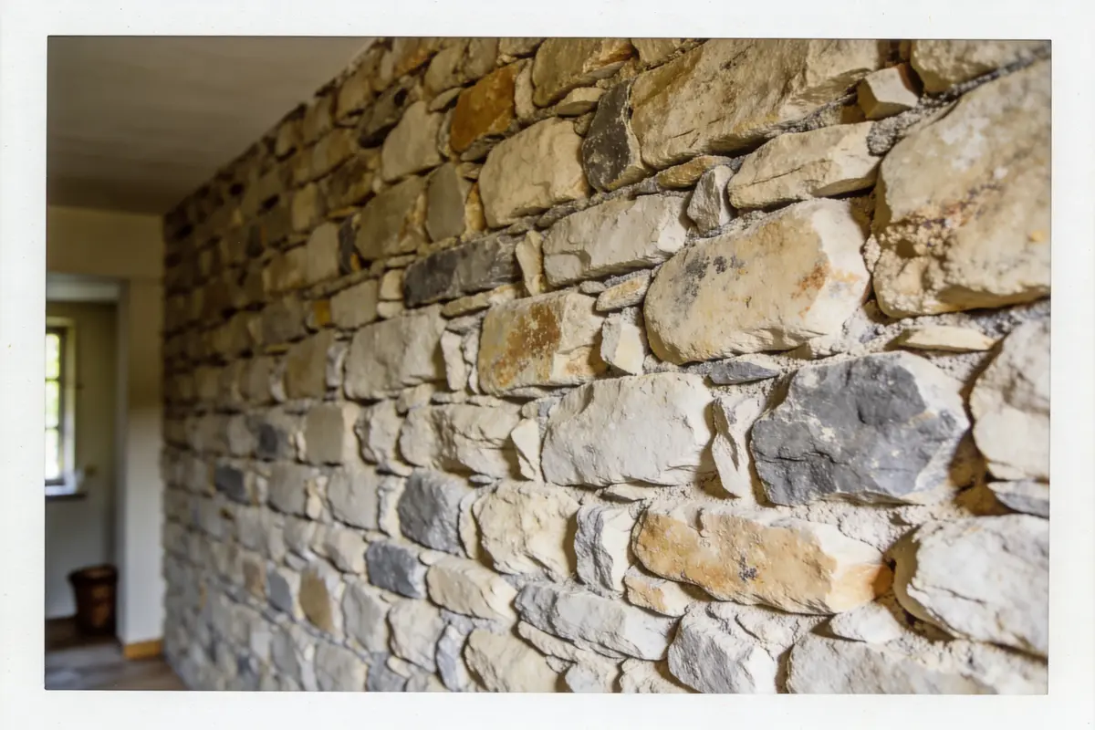 Mur en pierre rustique, intérieur lumineux avec fenêtre au fond, ambiance naturelle et chaleureuse.