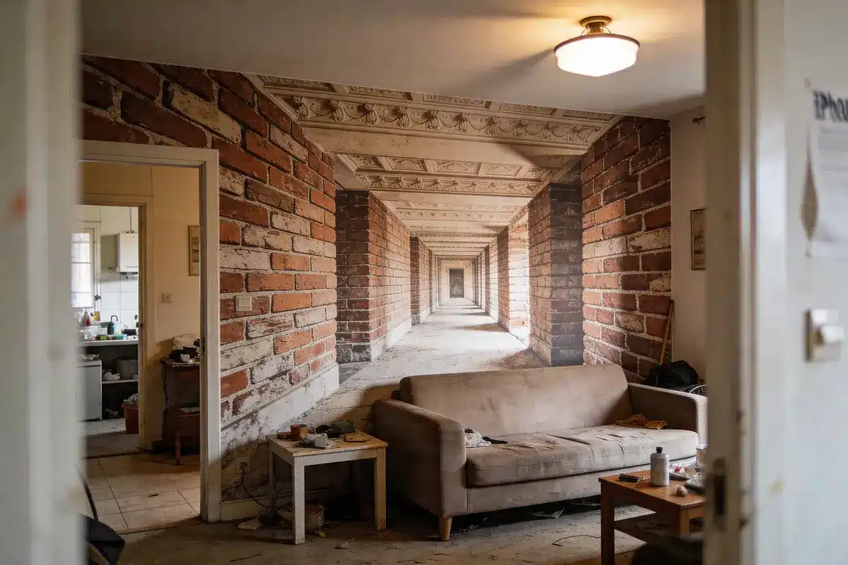 Salon avec canapé, table basse, et mur trompe-l'œil montrant un couloir en perspective, intérieur désordonné.