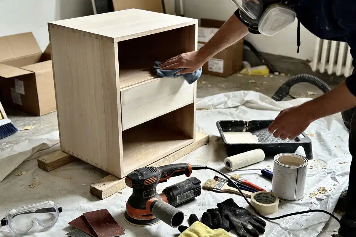 Personne ponçant un meuble en bois avec des outils, gants et peinture à proximité dans un atelier.