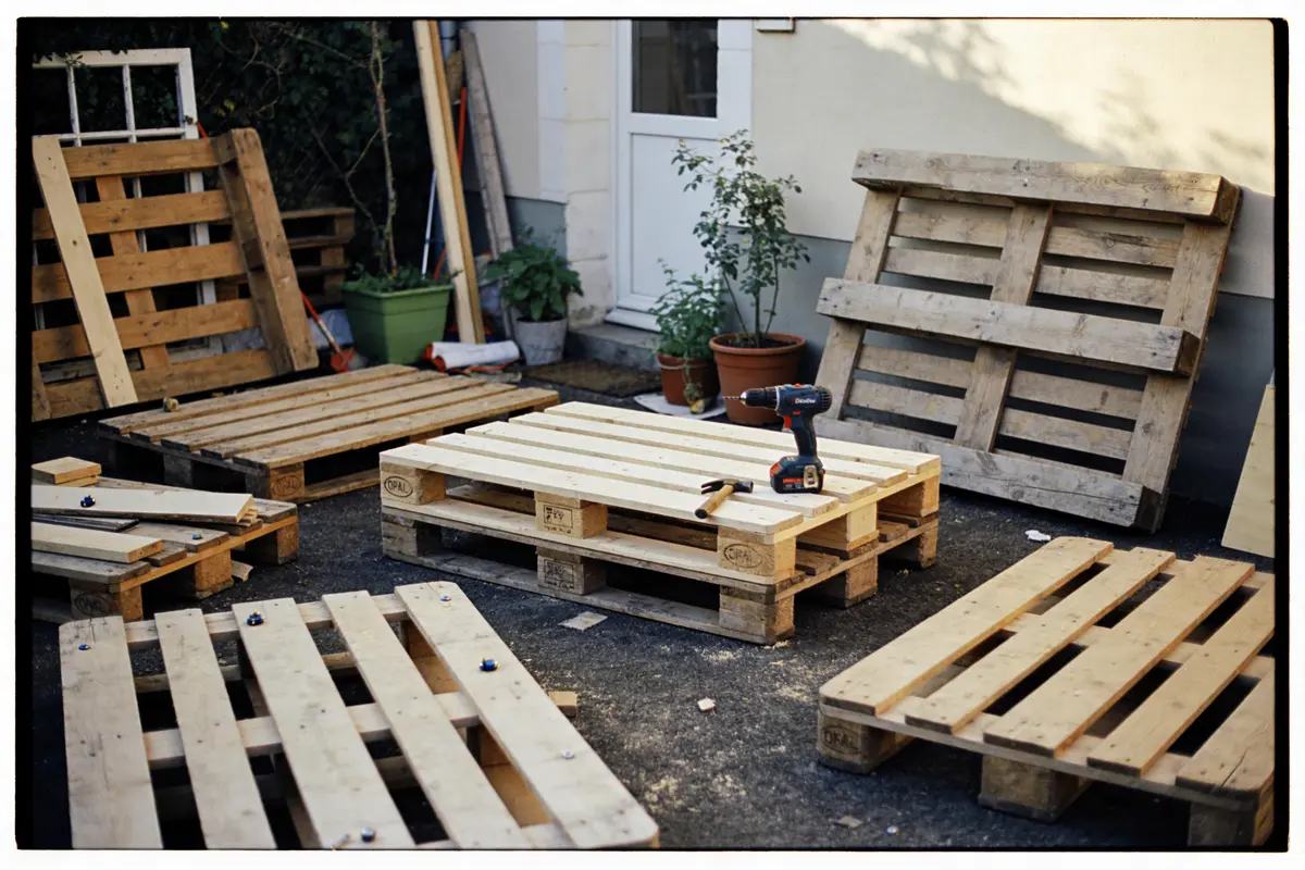 Palettes en bois empilées avec une perceuse et un marteau, entourées de plantes dans un jardin.