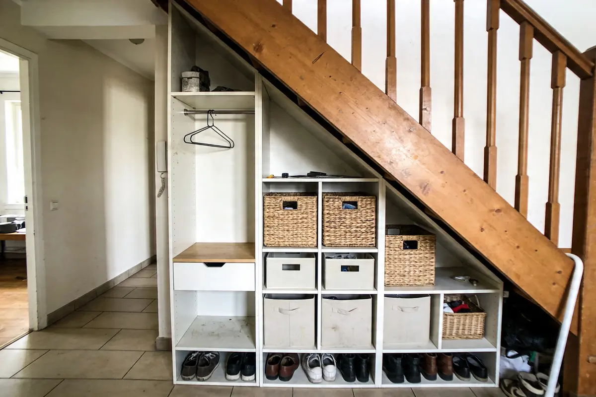 Espace de rangement sous escalier avec étagères, boîtes, paniers et chaussures organisées.