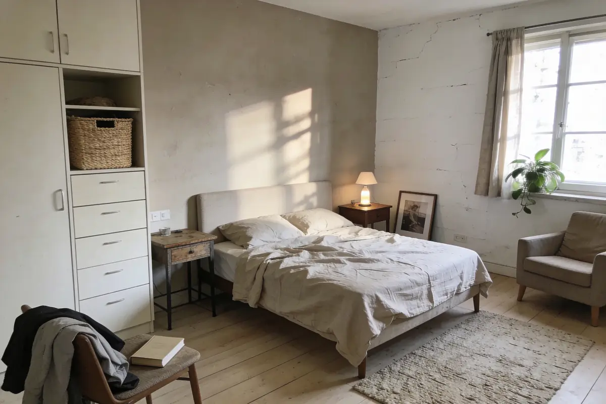 Chambre lumineuse avec lit, meuble blanc, plante, chaise, lampe et cadre près de la fenêtre. Ambiance minimaliste.