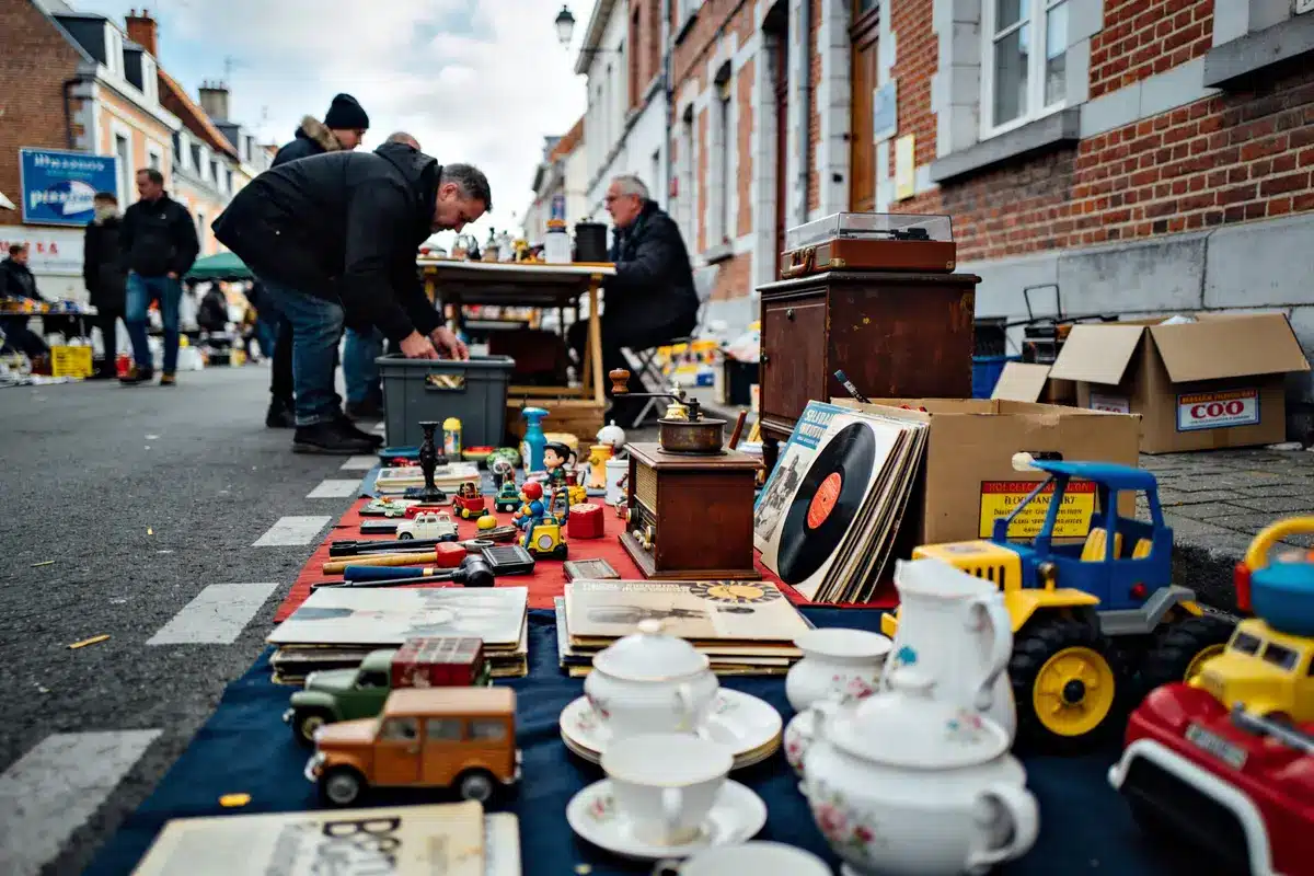 Brocante en plein air avec jouets, vaisselle, vinyles, hommes explorant les articles exposés le long de la rue pavée.