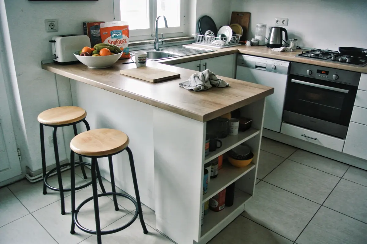 Cuisine moderne avec îlot central, deux tabourets, bol de fruits, et appareils électroménagers sur plan de travail.