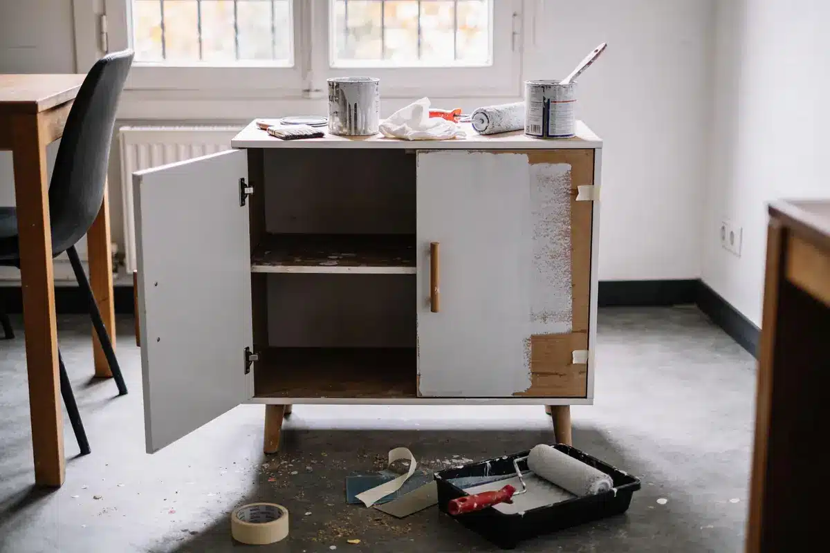 Petit meuble en cours de peinture, rouleau et pinceau sur le dessus, matériaux de bricolage autour.